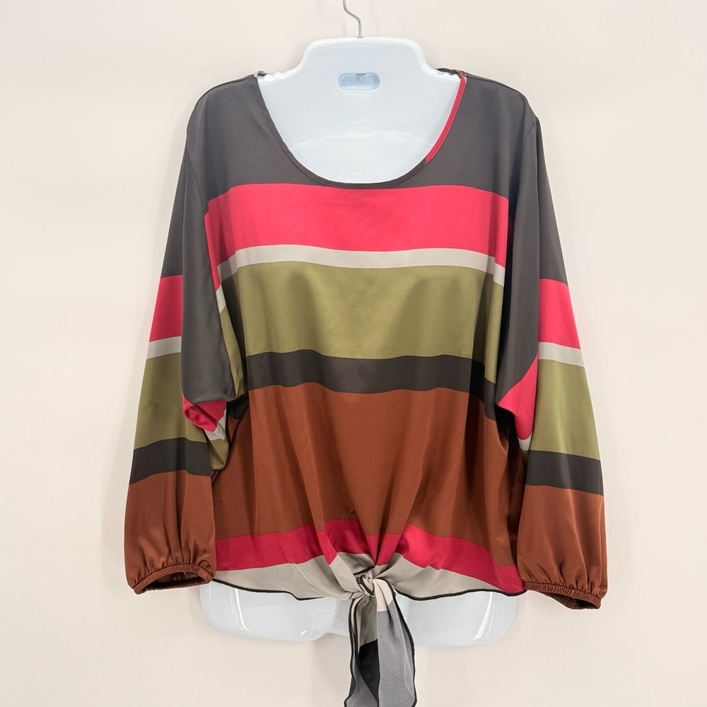 Kim & Cami Colorblock Striped Tie Front Top Long Sleeve Casual Chic Blouse M